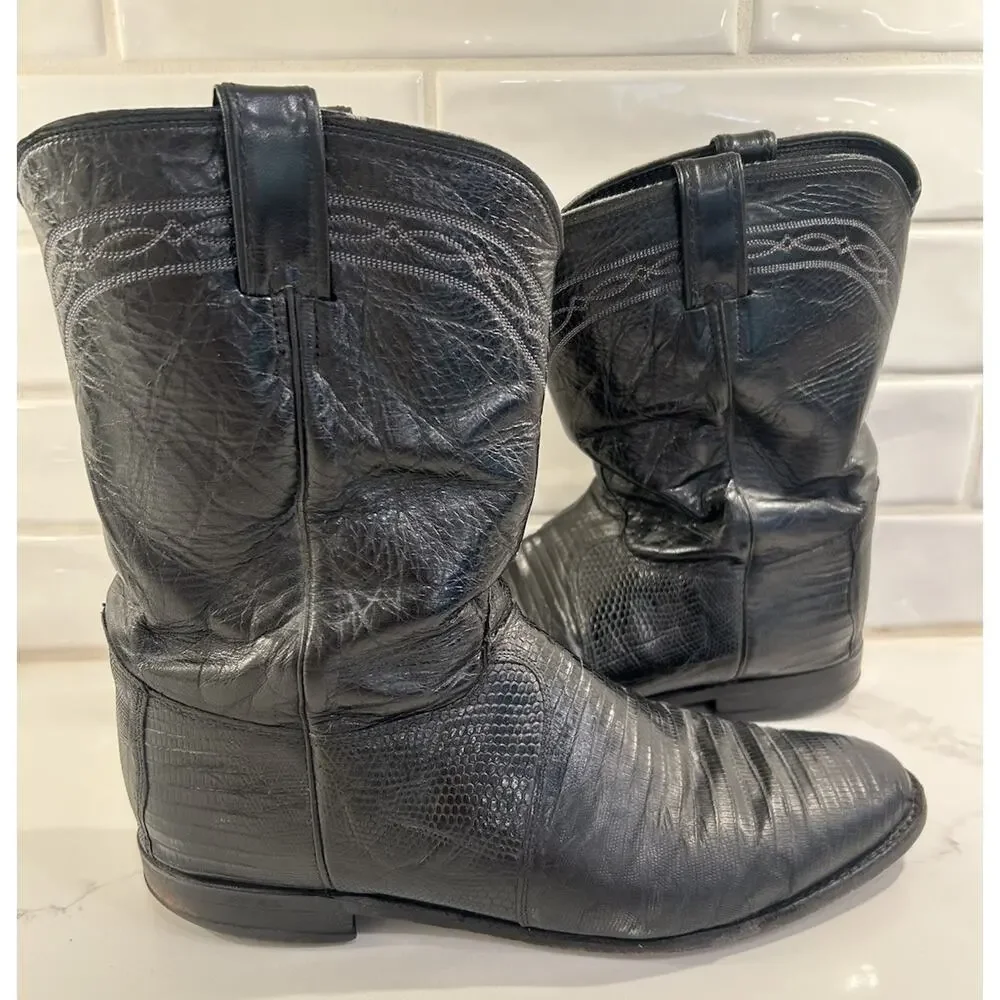 Vtg Justin 3112 Lizard Skin Cowboy Boots Mens Sz 12 EE USA Black Exotic Western